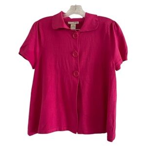 EVIE Petite Women’s Pink 3 Button Collared Slit Short Sleeve Shirt-Petite Medium